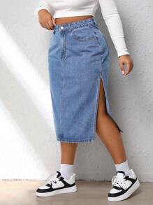 SHEIN EZwear Plus High Waist Split Thigh Denim Skirt - Light Wash - View 3