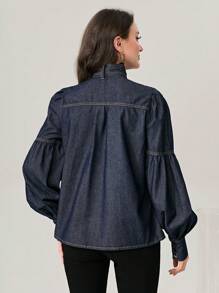 Mulvari Tie Neck Lantern Sleeve Denim Shirt - Dark Wash - View 2