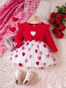 SHEIN Baby Girl Heart Embroidery Ruffle Trim Bow Front Mesh Overlay Dress - Red - View 1