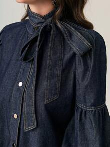 Mulvari Tie Neck Lantern Sleeve Denim Shirt - Dark Wash - View 3