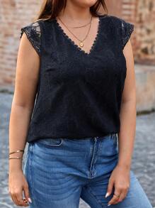 SHEIN Frenchy 大碼後背繫帶刺繡網紗襯衫 - 黑色 - 查看 3