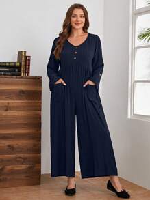 EMERY ROSE 大碼雙口袋闊腿連體褲 - 藏蓝色 - 查看 3