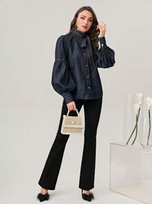 Mulvari Tie Neck Lantern Sleeve Denim Shirt - Dark Wash - View 4