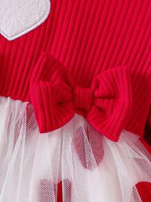 SHEIN Baby Girl Heart Embroidery Ruffle Trim Bow Front Mesh Overlay Dress - Red - View 4