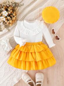 Baby Girl Ruffle Trim Flounce Sleeve Tee & Layered Hem Skirt & Hat - Yellow - View 1