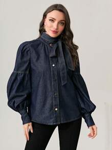 Mulvari Tie Neck Lantern Sleeve Denim Shirt - Dark Wash - View 5
