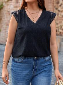 SHEIN Frenchy 大碼後背繫帶刺繡網紗襯衫 - 黑色 - 查看 6