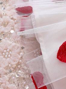 SHEIN Baby Girl Heart Embroidery Ruffle Trim Bow Front Mesh Overlay Dress - Red - View 7