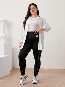 Mulvari Talla grande Leggings con parche de letra ribete en contraste - Negro - Ver 3
