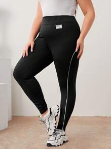 Mulvari Talla grande Leggings con parche de letra ribete en contraste - Negro - Ver 4
