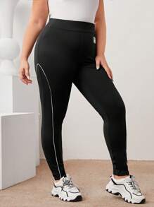 Mulvari Talla grande Leggings con parche de letra ribete en contraste - Negro - Ver 5