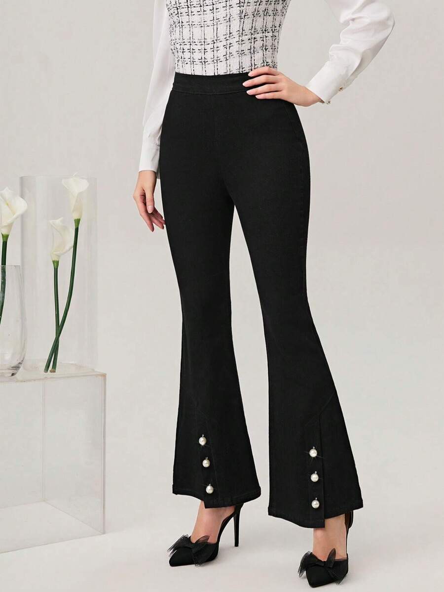 Mulvari Pearls Detail Flare Leg Jeans - Black - View 1