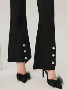 Mulvari Pearls Detail Flare Leg Jeans - Black - View 6