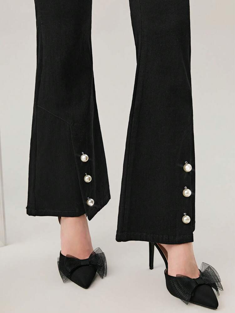 Pearls Detail Flare Leg Jeans