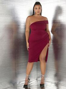 SHEIN SXY 大碼單肩高衩洋裝 - 酒紅色 - 查看 3
