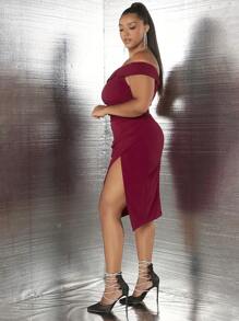 SHEIN SXY 大碼單肩高衩洋裝 - 酒紅色 - 查看 6