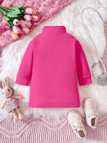 Baby Girl Cartoon Graphic Zip Up Pocket Patched Dress - Hot Pink - View 2