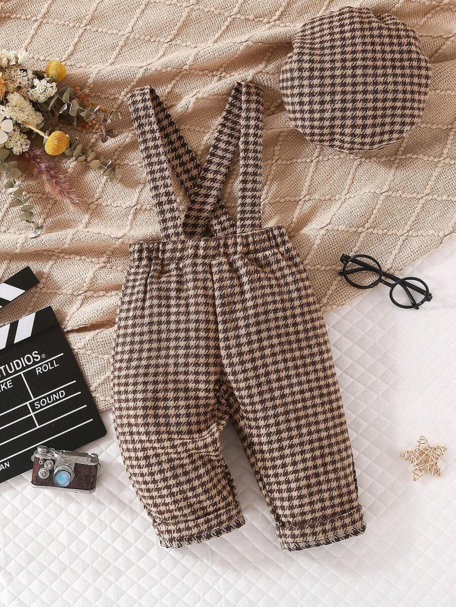 Baby Boy Casual Houndstooth Printed Overalls And Hat Set, For Christmas - Multicolor - View 1