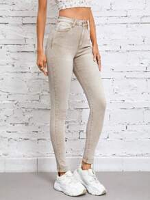 EMERY ROSE Women's High Waist Pocket Skinny Casual Versatile Denim Jeans - Apricot - View 2