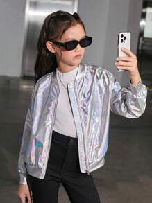 SHEIN Tween Girl Holographic Zip Up Metallic Bomber Jacket - Silver - View 1