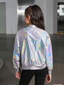 SHEIN Tween Girl Holographic Zip Up Metallic Bomber Jacket - Silver - View 2