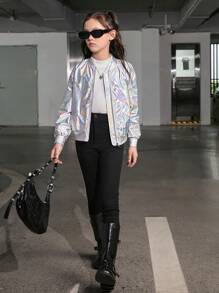 SHEIN Tween Girl Holographic Zip Up Metallic Bomber Jacket - Silver - View 3