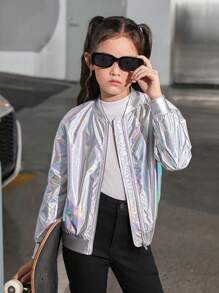 SHEIN Tween Girl Holographic Zip Up Metallic Bomber Jacket - Silver - View 5