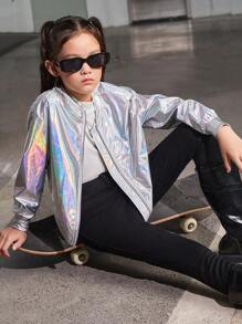 SHEIN Tween Girl Holographic Zip Up Metallic Bomber Jacket - Silver - View 6