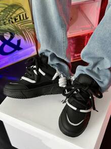 高品质男士时尚休闲滑板运动鞋，新款设计学生鞋 - 黑色 - 查看 3