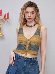 SHEIN MOD 撞色前繫帶毛衣背心 - 彩色 - 查看 7