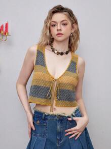 SHEIN MOD 撞色前繫帶毛衣背心 - 彩色 - 查看 3