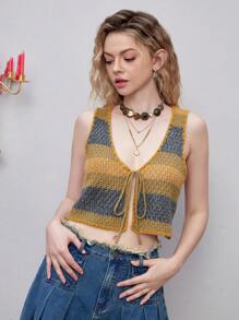 SHEIN MOD 撞色前繫帶毛衣背心 - 彩色 - 查看 5