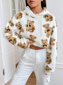 SHEIN EZwear 熊圖案落肩袖抽繩毛絨帽衫 - 彩色 - 查看 1