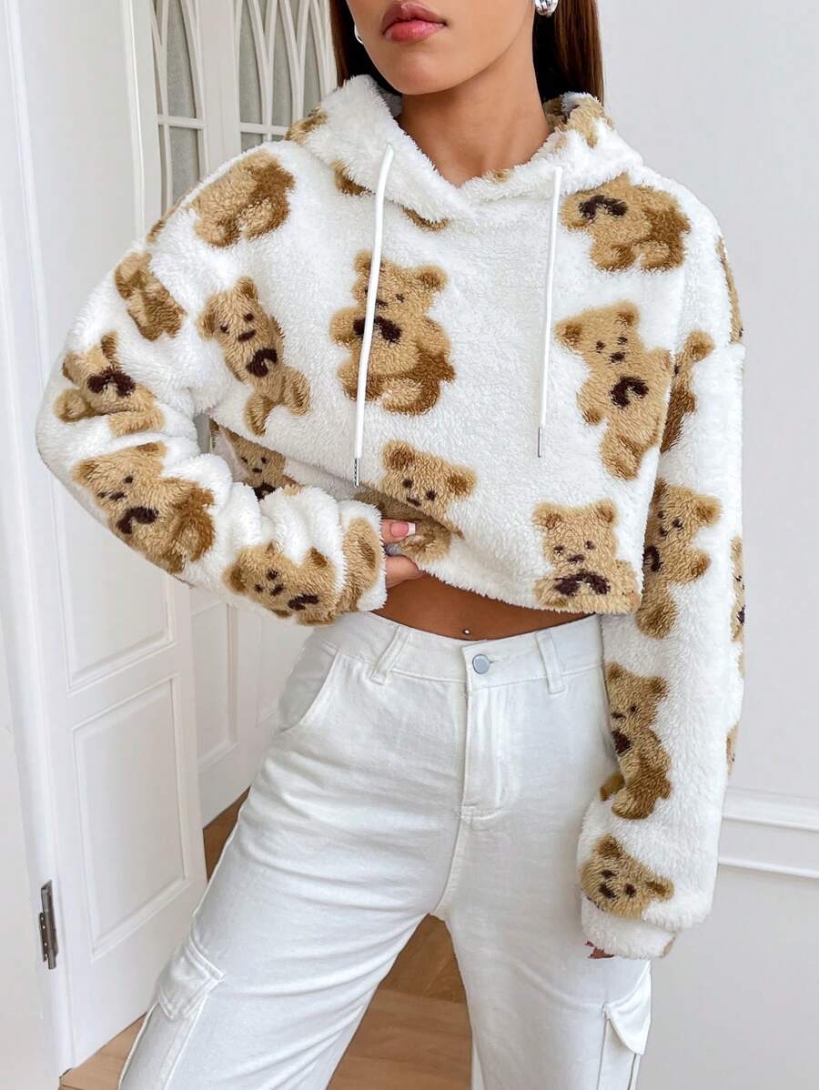 SHEIN EZwear 熊圖案落肩袖抽繩毛絨帽衫 - 彩色 - 查看 1