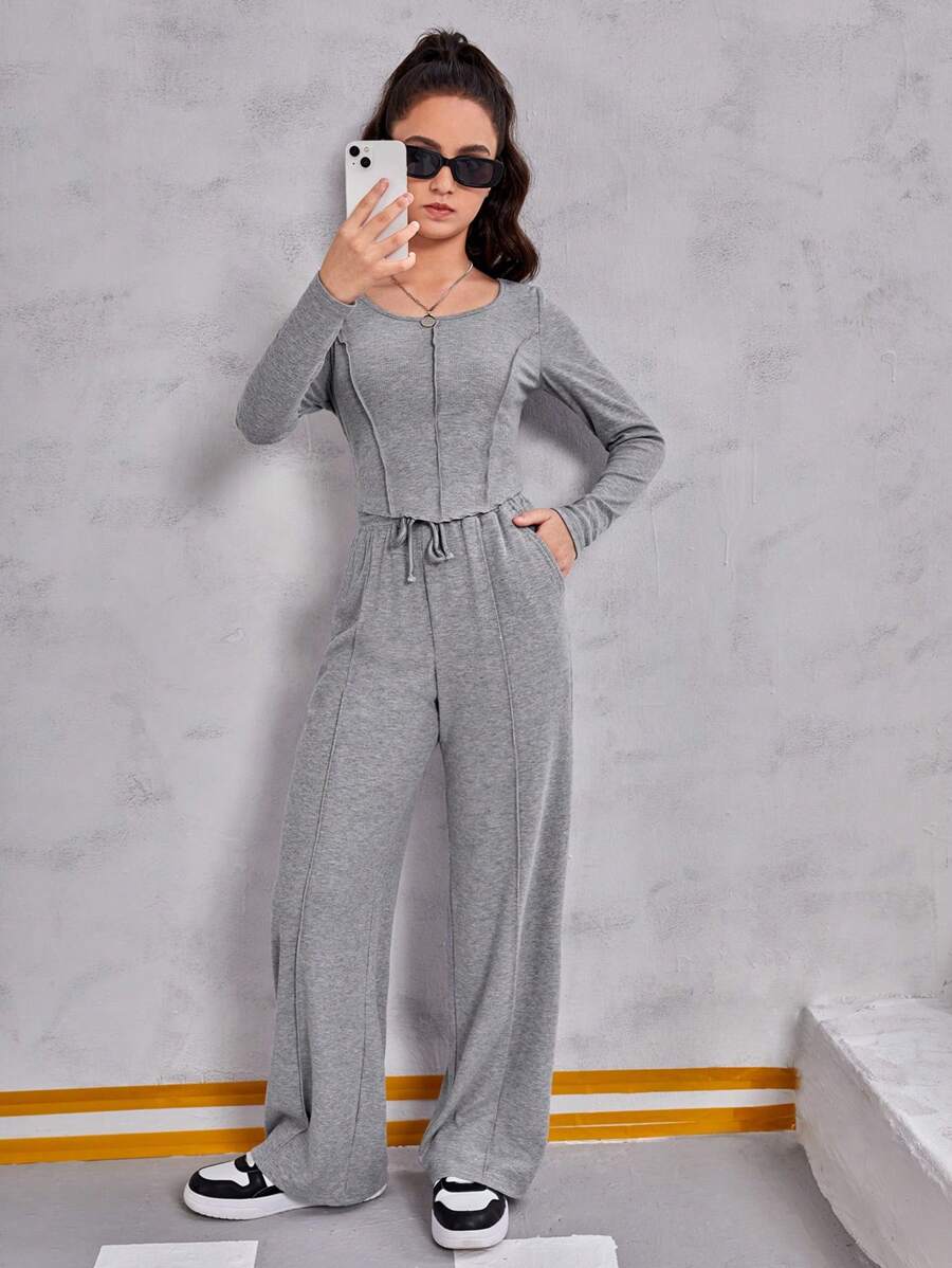 SHEIN 青少年女孩接縫細節弧形下擺T恤和腰部抽繩衛褲 - 灰色 - 查看 1