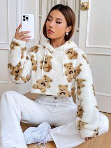 SHEIN EZwear 熊圖案落肩袖抽繩毛絨帽衫 - 彩色 - 查看 7