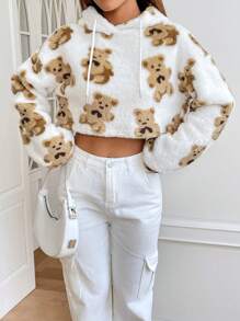 SHEIN EZwear 熊圖案落肩袖抽繩毛絨帽衫 - 彩色 - 查看 4