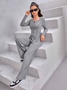 SHEIN 青少年女孩接縫細節弧形下擺T恤和腰部抽繩衛褲 - 灰色 - 查看 5