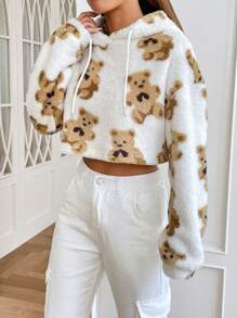 SHEIN EZwear 熊圖案落肩袖抽繩毛絨帽衫 - 彩色 - 查看 5