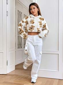 SHEIN EZwear 熊圖案落肩袖抽繩毛絨帽衫 - 彩色 - 查看 6