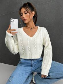 SHEIN EZwear 休閒純色女士毛衣 - 米色 - 查看 2