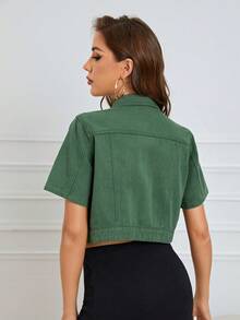 翻蓋口袋短款牛仔夾克 - 軍綠色 - 查看 3