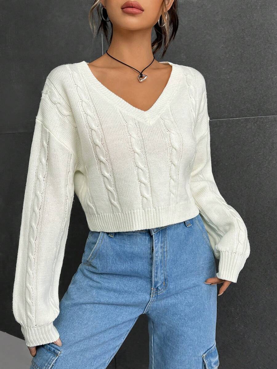 SHEIN EZwear 休閒純色女士毛衣 - 米色 - 查看 1