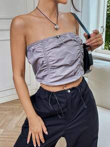 SHEIN EZwear 前抽繩抹胸上衣 - 灰色 - 查看 4