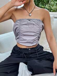 SHEIN EZwear 前抽繩抹胸上衣 - 灰色 - 查看 1