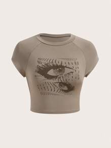 SHEIN ICON Mắt in Tay Raglan Áo phông Crop - Màu nâu  Mocha - Xem 1