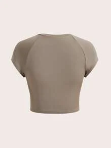 SHEIN ICON Mắt in Tay Raglan Áo phông Crop - Màu nâu  Mocha - Xem 2