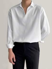 Claim Dot Áo sơ mi nam trơn màu rộng rãi, áo sơ mi trắng trơn dài tay ôm, quà tặng bạn trai nghệ thuật disco, mùa thu - trắng - Xem 3