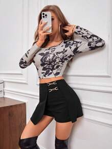 SHEIN Privé Chain Detail Wrap Front Black Skort - Black - View 3