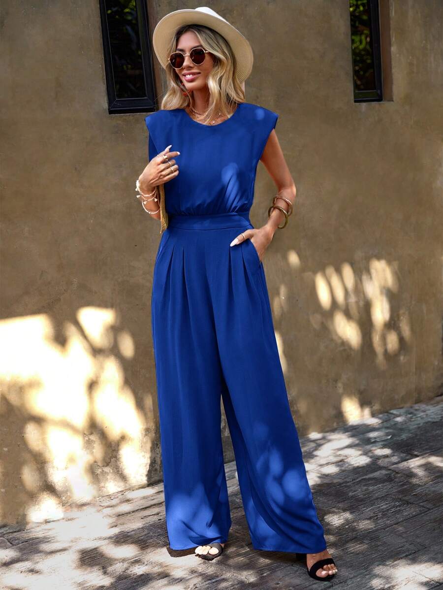 SHEIN Clasi Solid Wide Leg Jumpsuit - Royal Blue - View 1